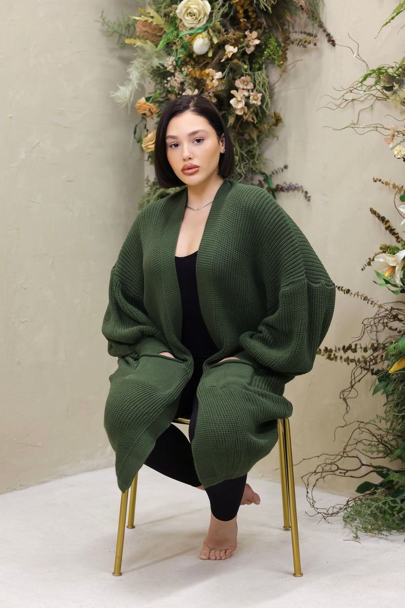 Chunky Oversized Longline Cardigan (Olive)